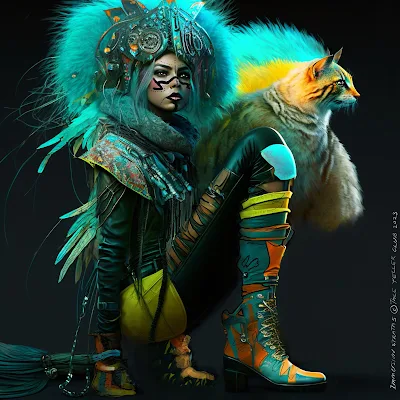 tribeswoman feathers headgear boots fashion fantasy clothes cat pet fur colour tattoos face tattoo