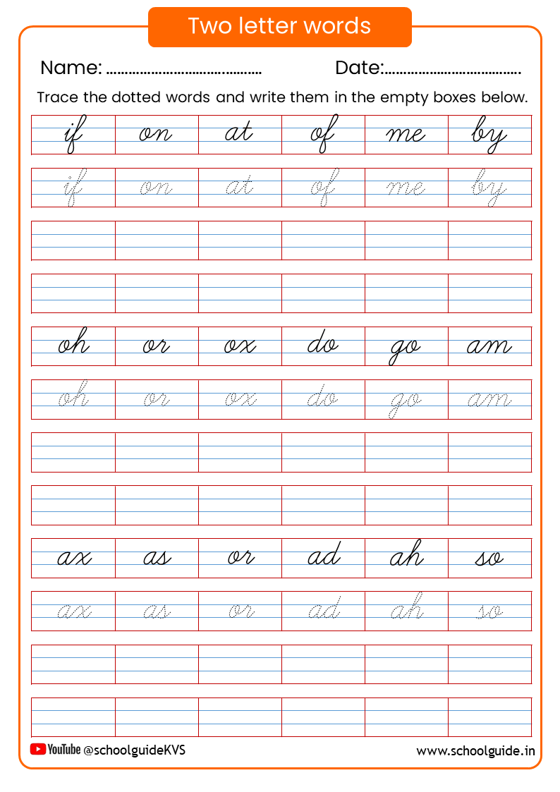 Two Letter Words Cursive Writing Worksheets