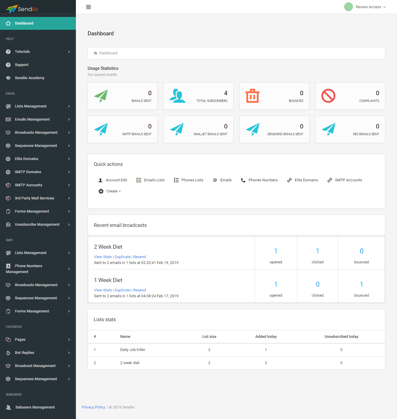 Sendiio 2.0 Dashboard