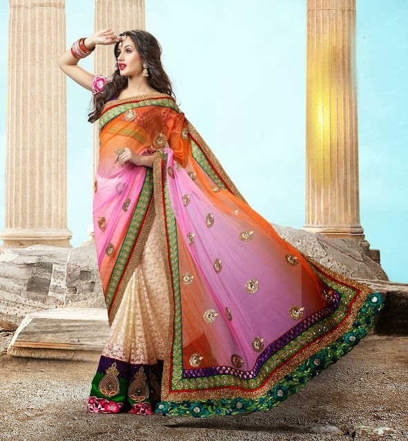  Aesthetic Deep Pink, Off White & Tomato Embroidered Saree