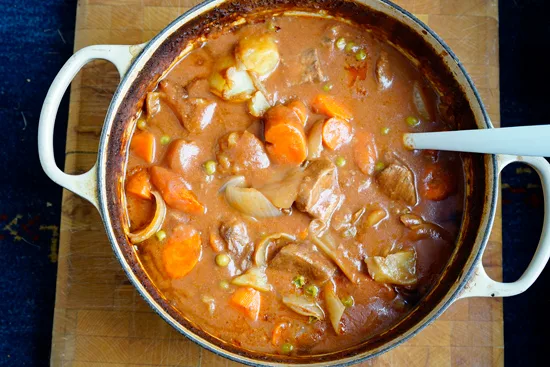 Easy beef stew in a pot ready to eat.