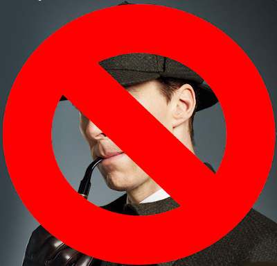 Benedict Cumberbatch as Sherlock Holmes with a line across the image