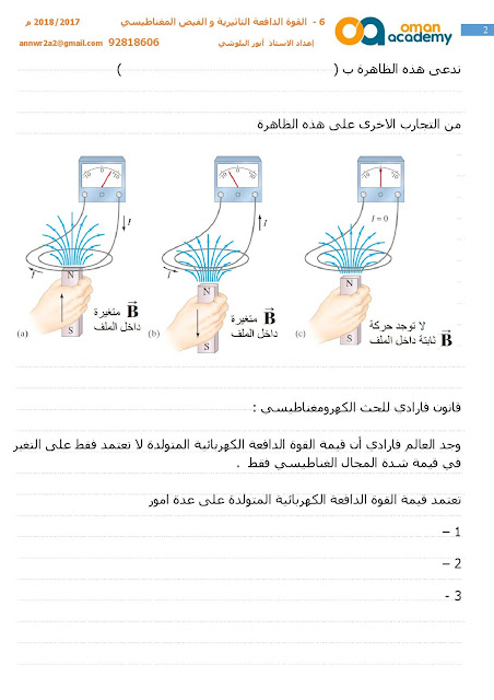 شرح درس الحث الكهرومغناطيسير + ححل تدريبات الصف الثاني عشر 