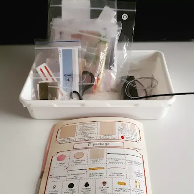 Small plastic tray filled with ziplock bags containing pieces for a one-twelfth scale modern miniature kitchen, and the instruction book open in front of it.