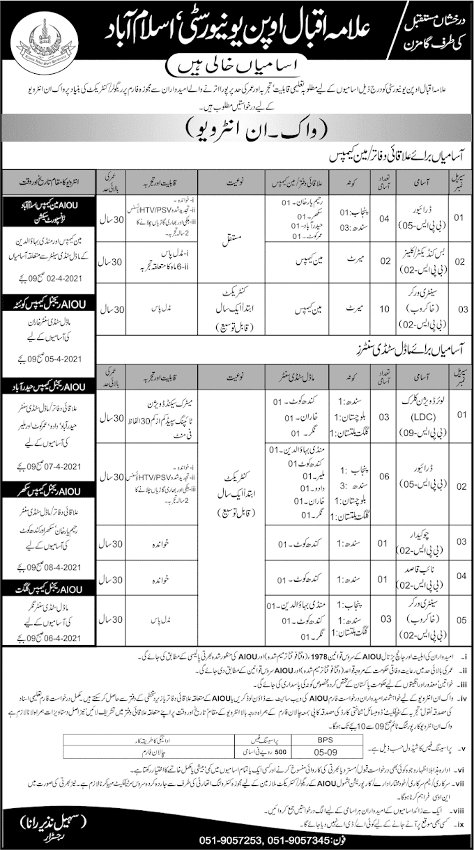 Allama Iqbal Open University Jobs 2021| AIOU Jobs |Walk in Interview| Latest Jobs| Today Jobs| Apply Online