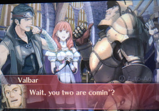 Valbar, a big man in full plate armor, motioning to himself while Kamui, a black haired man with a metal bandana and loose jacket worn over black shirt and armor points to his teeth. Celica looks on. Valbar says "Wait, you two are comin'?"