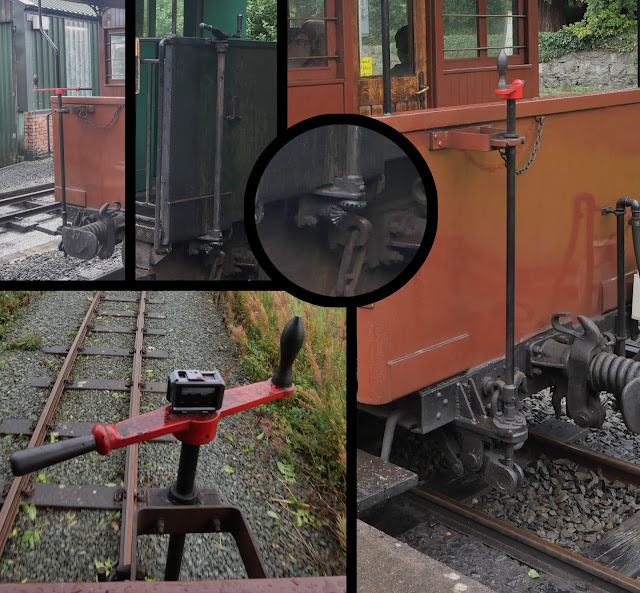 A montage of photos showing two types of brake handles on carriages from the Welshpool and Llanfair Railway