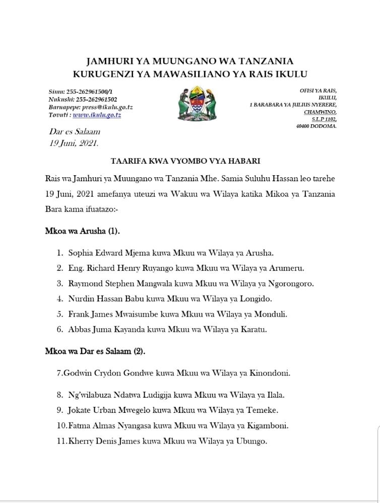 UTEUZI: WAKUU WAPYA WA WILAYA 2021