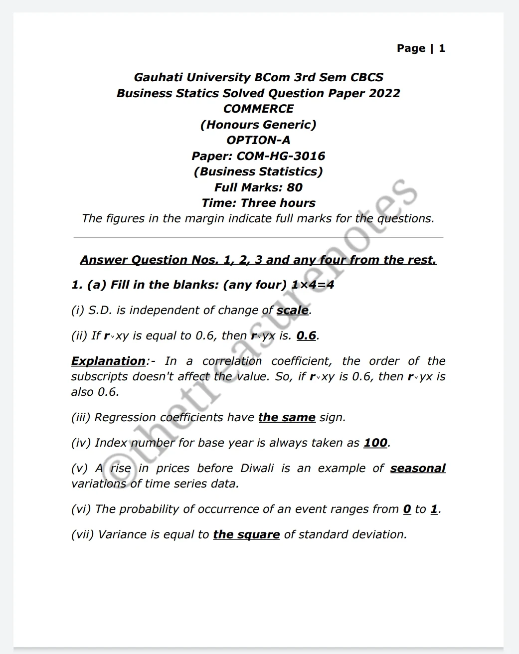 Gauhati University Business Statistics Question Paper Solution 2022