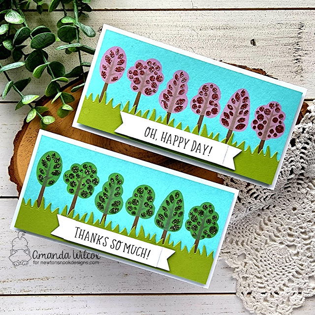 Tree Thank You Cards by Amanda Wilcox | Tree Line Stencil, Banner Trio Die Set and Land Borders Die Set by Newton's Nook Designs