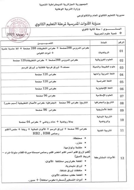 قائمة الادوات المدرسية للسنة الثانية ثانوي علوم تجريبية 2021/ 2022