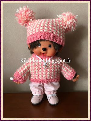 Pull bicolore rose/blanc fait main, pour kiki ou Monchhichi, tricot, vêtements poupée jouet vintage knitting handmade