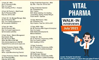 Vital Pharma Ltd Recruitment For ITI, Diploma, Graduates Candidates Walk in Interviews on July’2021 @ Hyderabad.