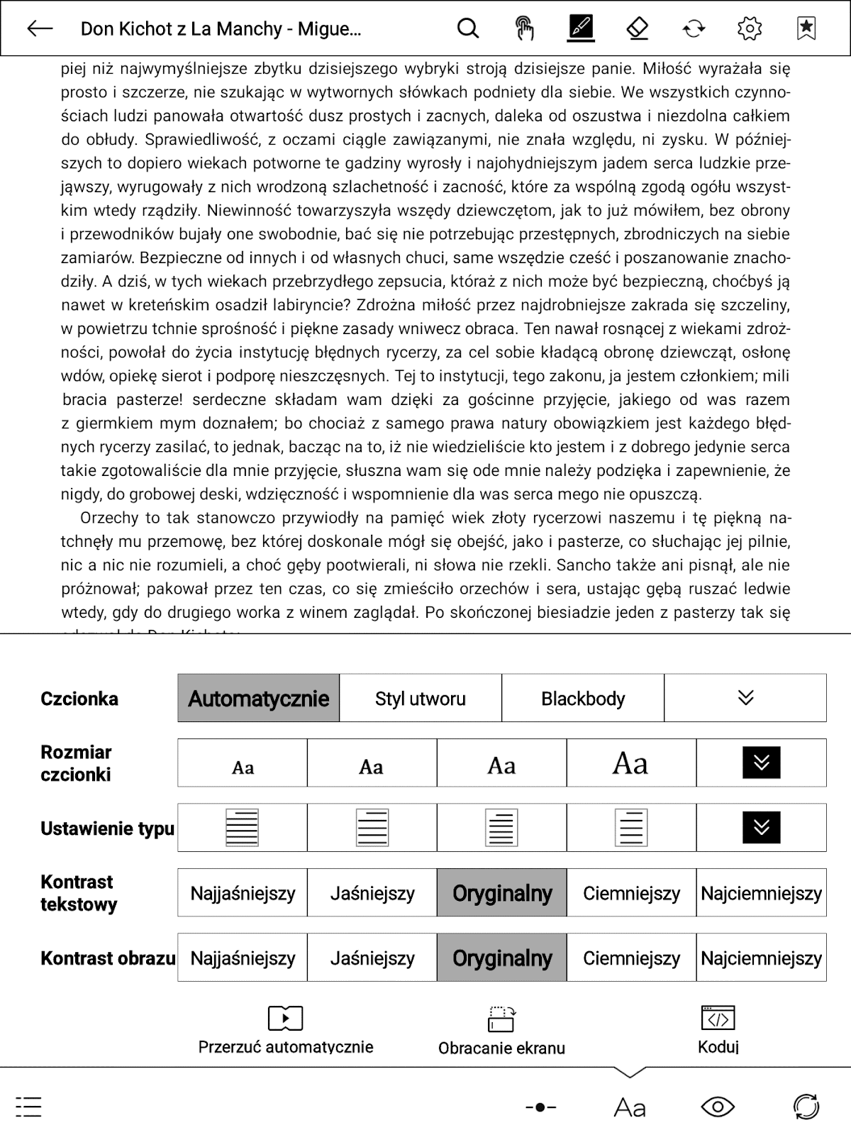 Ustawienia czcionki i układu tekstu w aplikacji Xreader na czytniku PocketBook InkPad X Pro