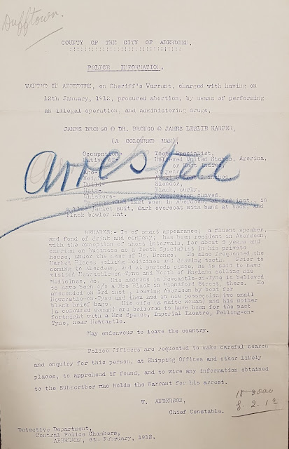 City of Aberdeen Police Information Notice collected at Dufftown police station in 1912, seeking James Brongo aka Dr Brongo aka James Leslie Harper, described as a "Coloured Man"