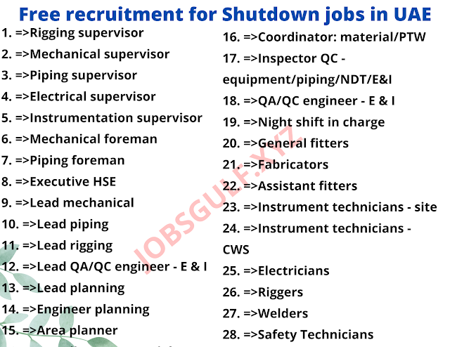 Free recruitment for Shutdown jobs in UAE