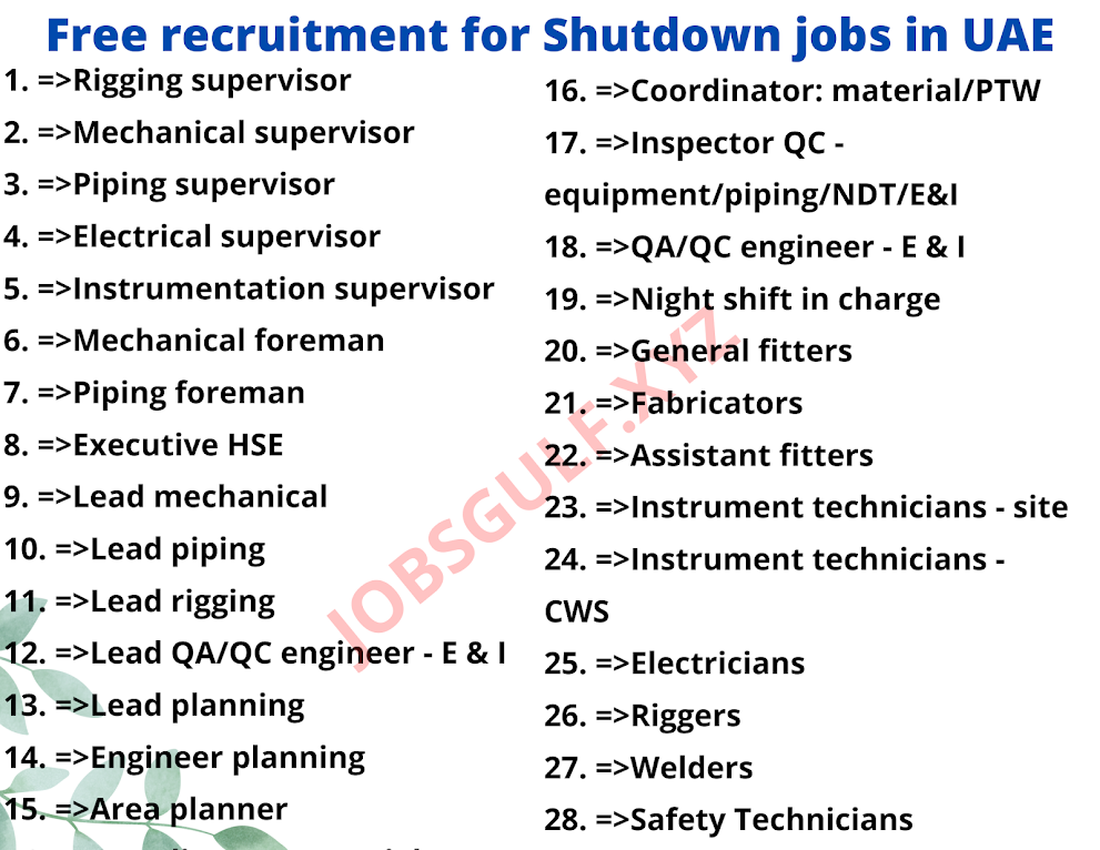 Free recruitment for Shutdown jobs in UAE
