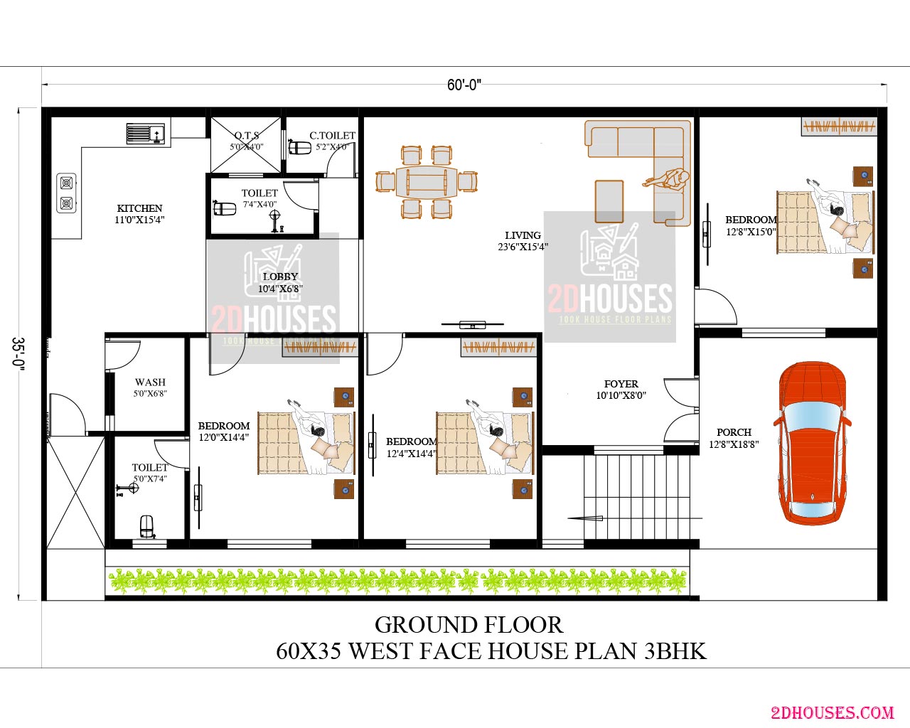 West face 60 x 35 house plans with car parking