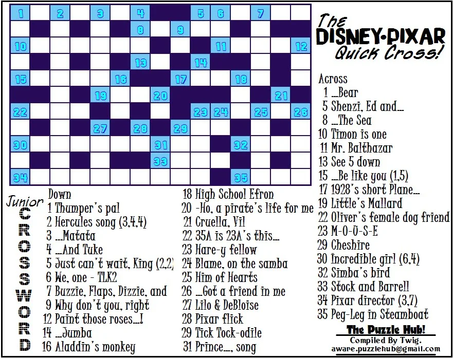 The Puzzle Hub Junior Crossword; Disney/Pixar Edition!