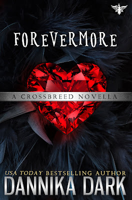 Large beautiful ruby heart lying on a bed of black feathers. Silver banner across the middle reads: A crossbreed series novella
