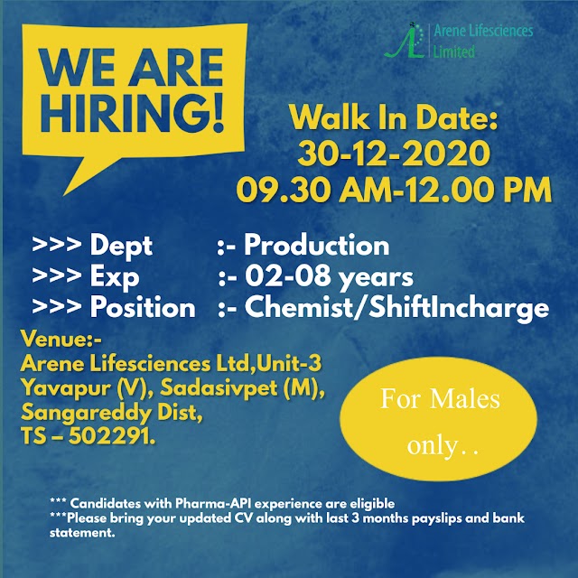 Arene Lifesciences | Walk-in interview for Production on 30th Dec 202p