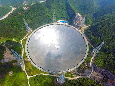 A China acionou no dia 25 de Setembro de 2016, o maior radiotelescópio do mundo, com uma bacia de 500 metros de diâmetro, com o qual contribui para a pesquisa do universo.  O radiotelescópio, conhecido por sua sigla em inglês FAST, fica em uma região montanhosa da província de Guizhou (sudoeste), e sua construção, que começou em 2011, terminou no início de julho de 2016.  A bandeja é formada por 4.450 painéis, que constituem uma superfície equivalente a trinta campos de futebol, e seu meio quilômetro de diâmetro supera em muito o de Arecibo (Porto Rico), que com seus 305 metros era desde 1963 até este ano o maior radiotelescópio do mundo. O orçamento do projeto foi de 1,2 bilhões de iuanes (US$ 180 milhões).  Para a construção foi necessário retirar 9.000 moradores da região, enquanto os que ficaram em seus arredores ficaram limitados ao uso de dispositivos de telecomunicações (como telefones celulares) para não interferir com as operações do radiotelescópio.  A região foi escolhida devido a seu isolamento de áreas densamente povoadas e a que sua formação orográfica permitia realizar a construção da bacia com menos obras de preparação do terreno. O radiotelescópio é usado para analisar ondas procedentes do espaço para ajudar na compreensão do universo e também na busca de vida extraterrestre.