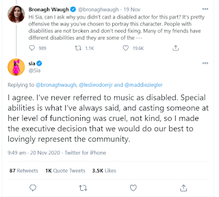 Sia responding to an AA query- stating that she uses 'special abilities' instead of disabled