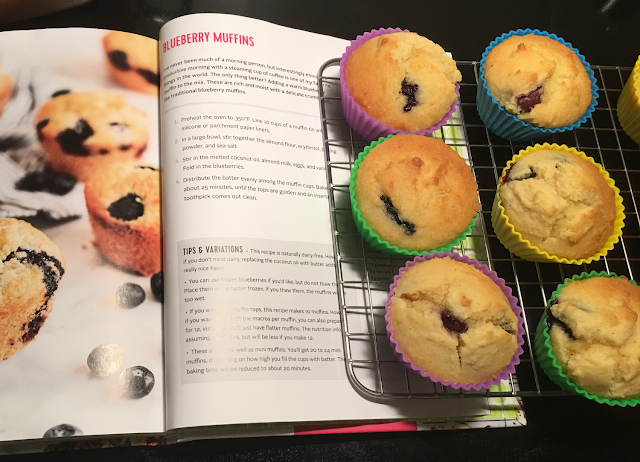 Wholesome Yum Easy Keto Cookbook and prepared blueberry muffins recipe
