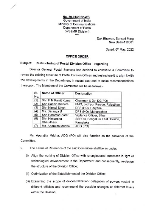 Restructuring of Postal Division Office | DG Posts Constituted a Committee for Restructing of Postal Division Office | Dated 06th May 2022
