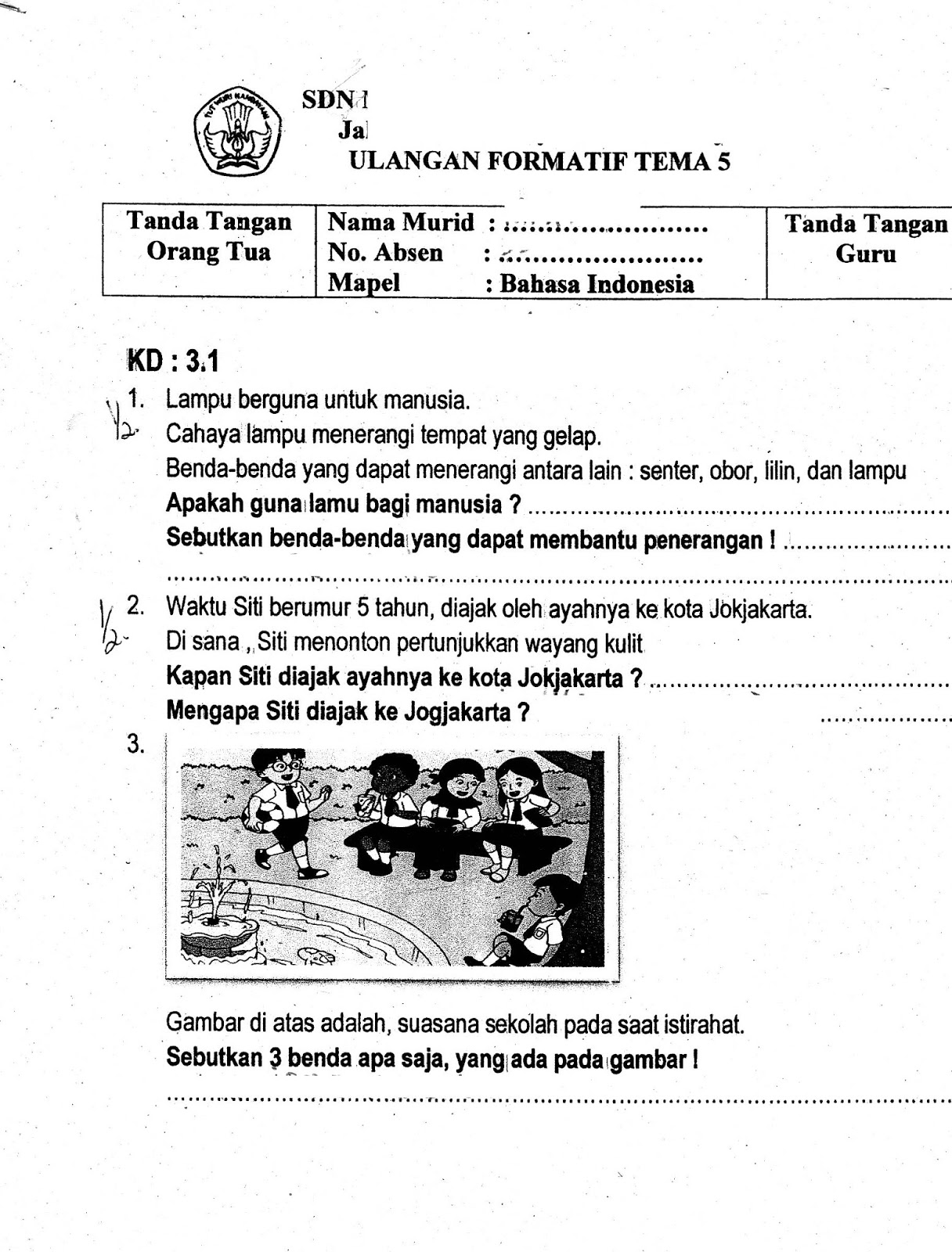 Formatif Tema 5 Bhs Indonesia SD Kelas 1 TA 2015 2016 Kurikulum2013