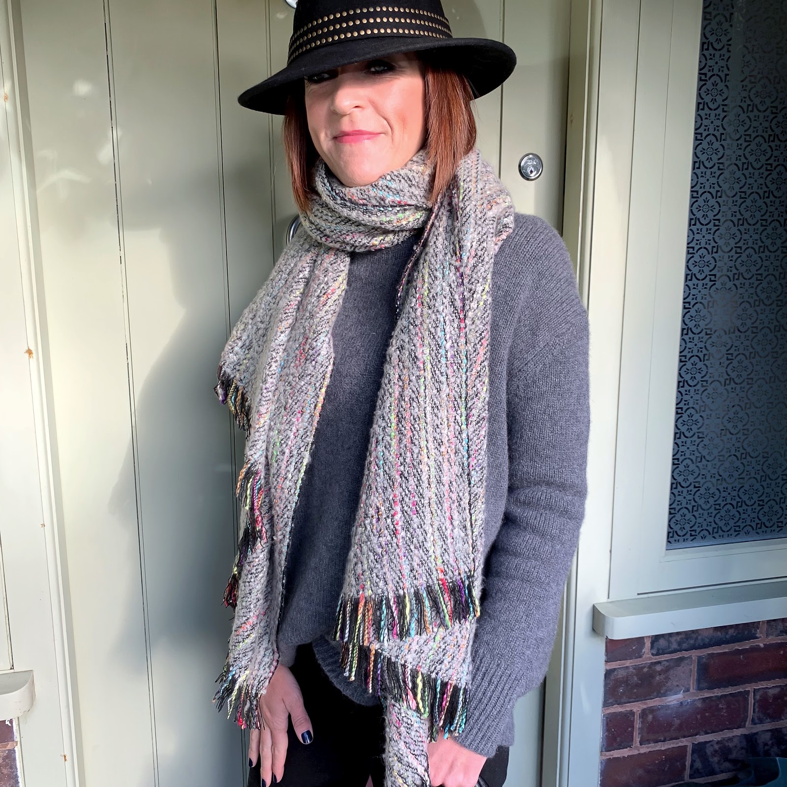 my midlife fashion, john lewis fedora hat, zara turtle neck cashmere jumper, madeleine mutli coloured scarf, j crew toothpick 8 inch jeans, madeleine leather tote bag with removable inner bag, madeleine soft suede chelsea boots