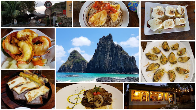 Praia da Cacimba do Padre com o Morro Dois Irmãos ao centro com pratos e restaurantes ao redor - Fernando de Noronha