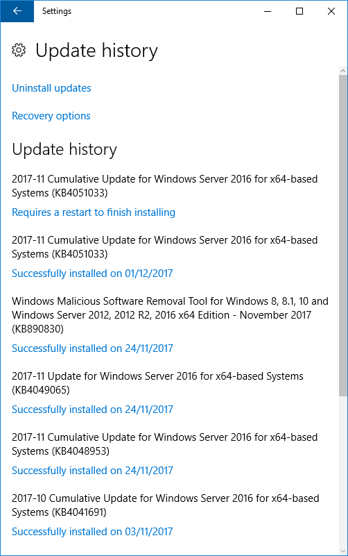 Screenshot of Update history showing installed updates