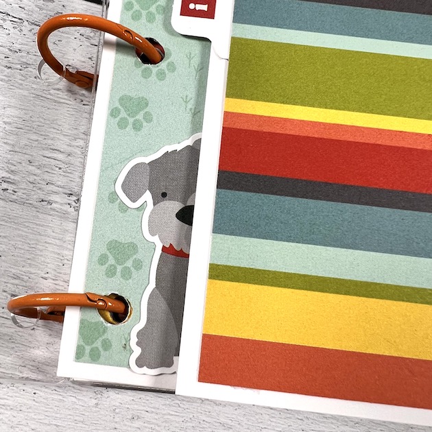 Dog pet scrapbook album page with puppy, pawprints, & stripes