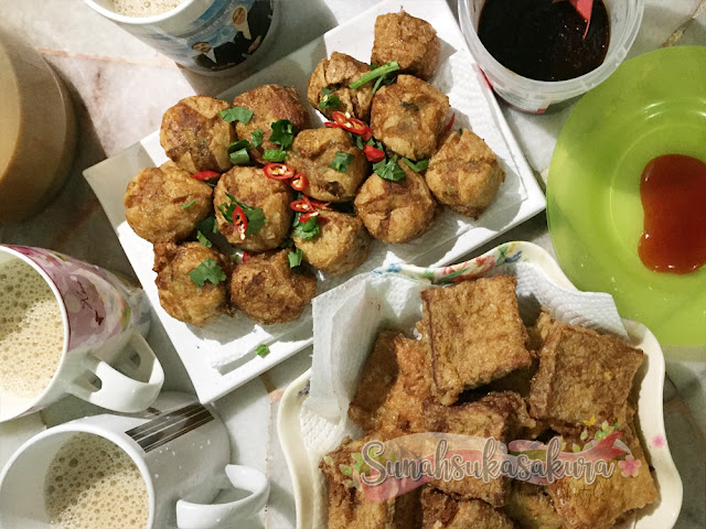 tauhu bergedil dan roti cheese telur kudapan petang