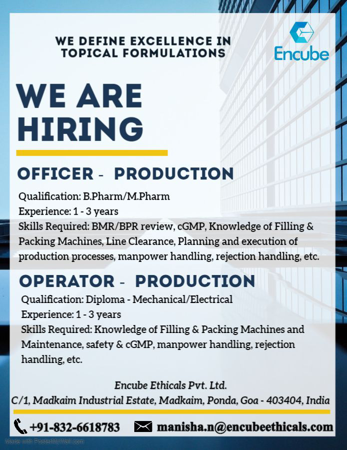 Job Available's for Encube Ethicals Pvt Ltd Job Vacancy for B Pharm/ M Pharm/ Diploma/ Mechanical/ Electrical