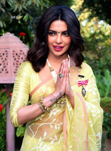 Priyanka Chopra At Padma Shree Award in Yellow Traditional Sari Blouse