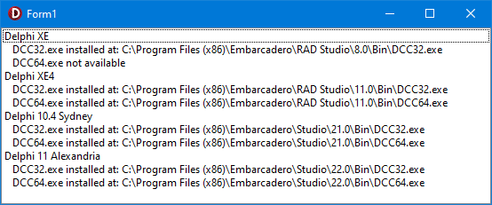 Screen shot of window showing versions of Delphi installed on my home computer