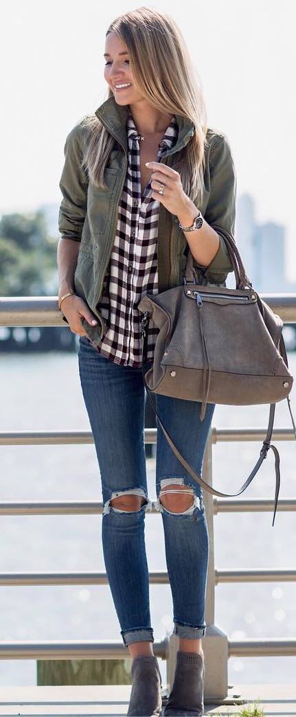 what to wear with s plaid shirt : jacket + bag + rips + boots