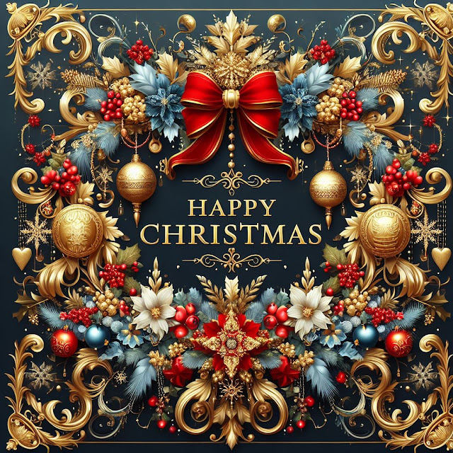 Happy Christmas with royal and elegant design and use colors of Gold, Red, Blue, Yellow