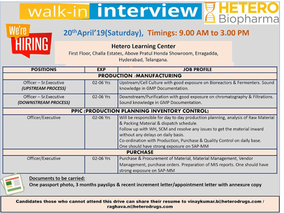 HETERO BIOPHARMA JOBS FOR PRODUCTION, MANUFACTURING