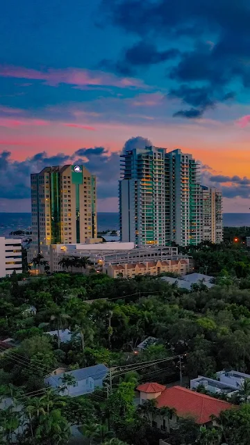 Wallpaper City, Trees, Sunset, Skyscrapers, Buildings, Apartments, Dusk