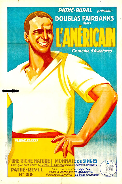 L'AMÉRICAIN. Francia: 80 x 120 cms. Arte: René Péron. Imprenta: Imp. Bedos et Cie., París. EL AMERICANO. The Americano. 1916. Estados Unidos. Dirección: John Emerson. Reparto: Douglas Fairbanks, Alma Rubens, Spottiswoode Aitken, Carl Stockdale,Tote Du Crow