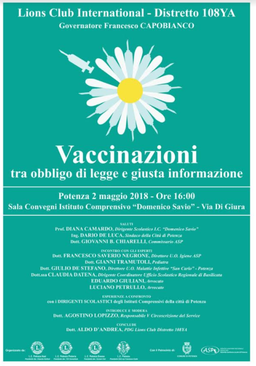 Lions: a Potenza 'Vaccinazioni, tra obbligo di legge e giusta informazione'