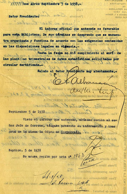 Acuse de recibo del informe. Bs. As. Septiembre de 1938.