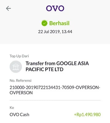 Bukti Pembayaran Google AdSense ke akun OVO