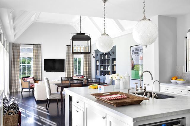 Open kitchen overlooking the dining room in a Tudor style home in Beverly Hills