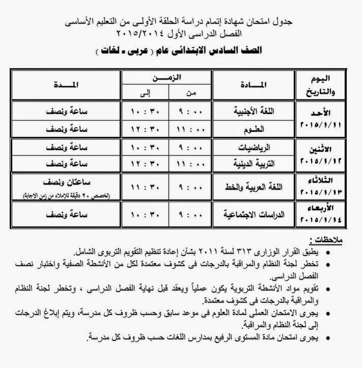 جدول امتحان الشهادة الابتدائية 2015 محافظة الجيزة نصف العام