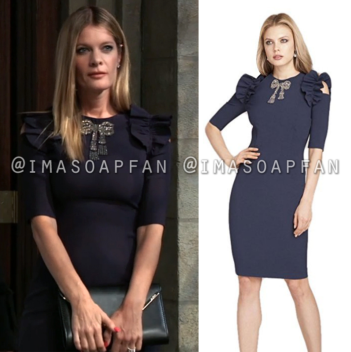 Nina Reeves, Michelle Stafford, Dark Blue Cold Shoulder Dress with Jeweled Bow, General Hospital, GH