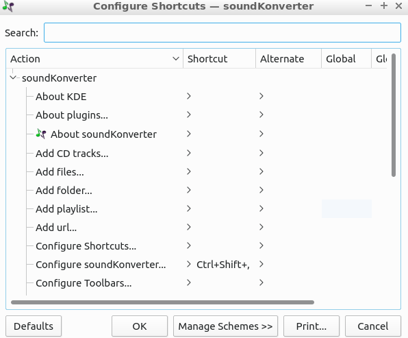 SoundKonverter keyboard shortcuts configuration